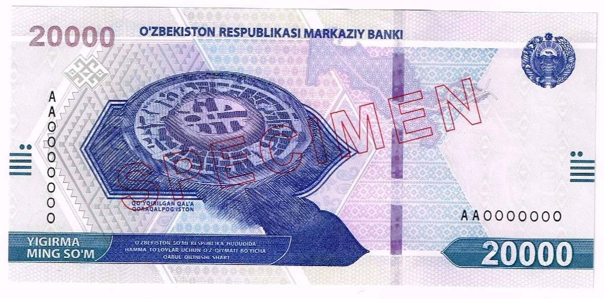 Front of the 20,000 SOM specimen featuring Koi Krylgan Kala, Uzbekistan 2021